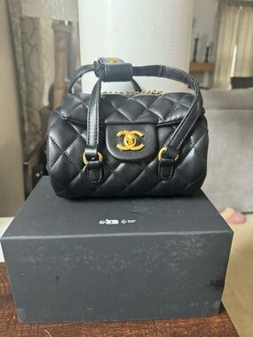Chanel Beauty Black Quilted Mini Top-Handle turn lock Bag with Gold Hardware